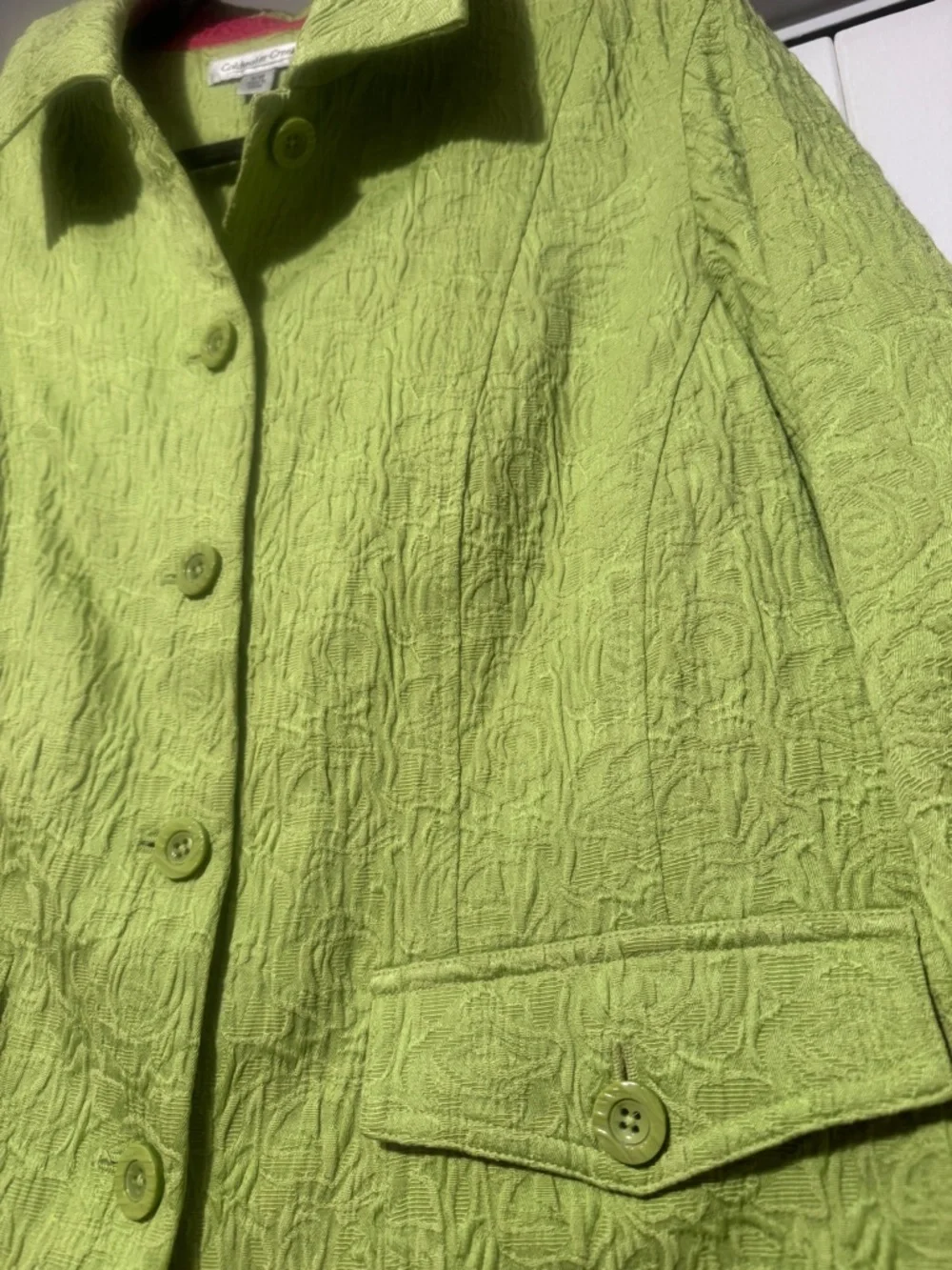 Coldwater Creek 18W Lime Green Jacquard Spring Jacket Pink Trim Preppy - Picture 8 of 9